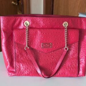 Kate Spade Halsey A La Vita Ostrich Pillbox Red Leather Tote Bag Purse